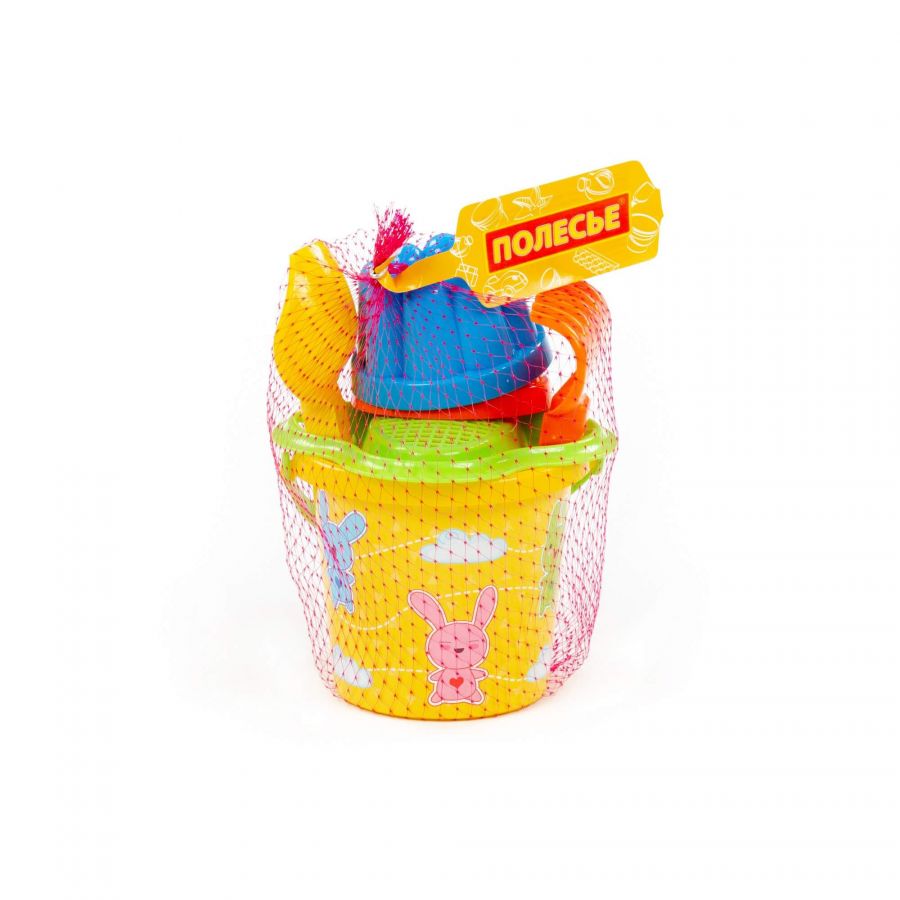 Набор №229: ведро малое с наклейкой, ситечко-цветок, совок №2, грабельки №2, 2 формочки