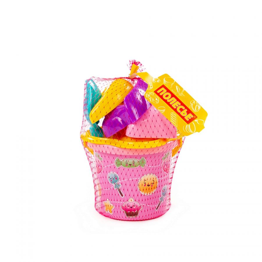 Набор №250: ведро малое с наклейкой, ситечко-цветок, совок №2, грабельки №2, формочки (заяц + лошадка + месяц)