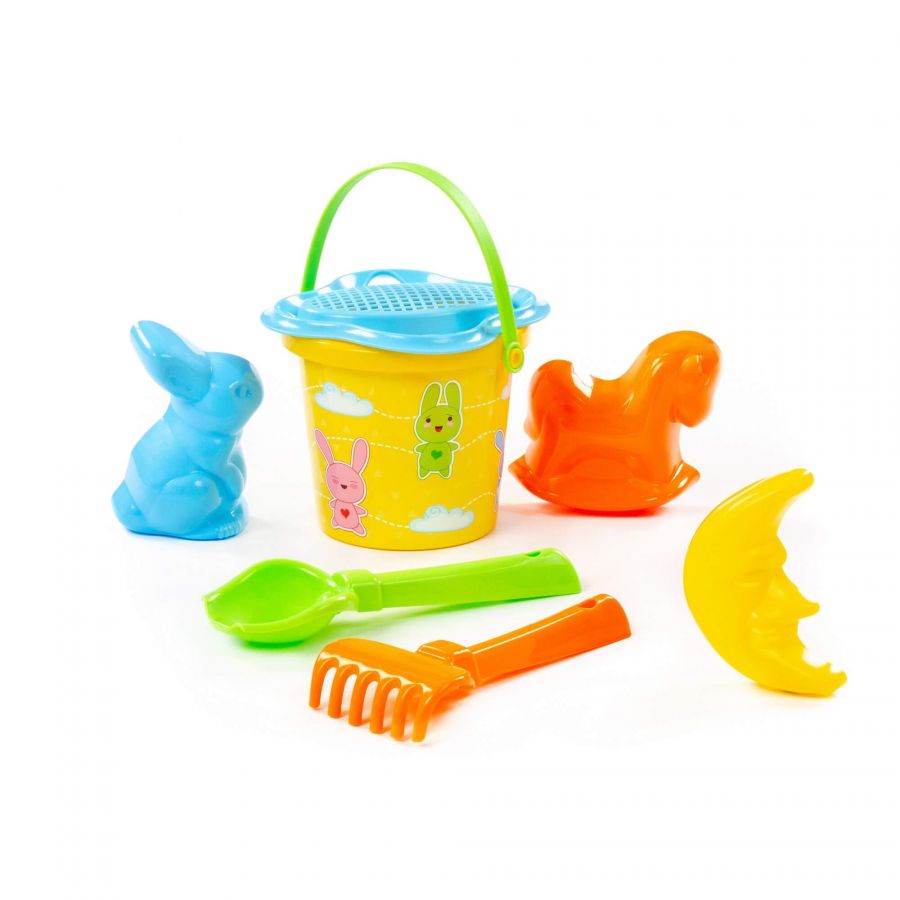Набор №250: ведро малое с наклейкой, ситечко-цветок, совок №2, грабельки №2, формочки (заяц + лошадка + месяц)