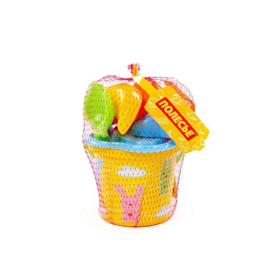 Набор №250: ведро малое с наклейкой, ситечко-цветок, совок №2, грабельки №2, формочки (заяц + лошадка + месяц)