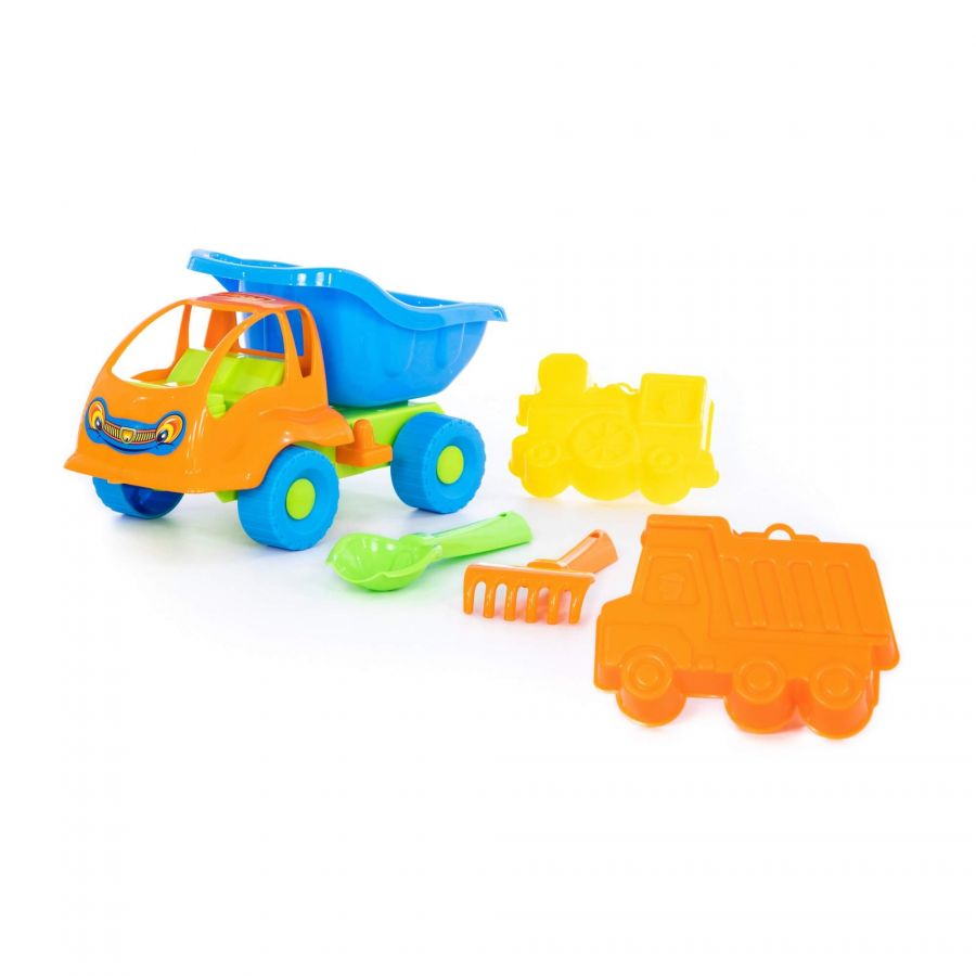 Набор №49: "Муравей", автомобиль-самосвал + совок №2, грабельки №2, формочки (самосвал + паровоз)