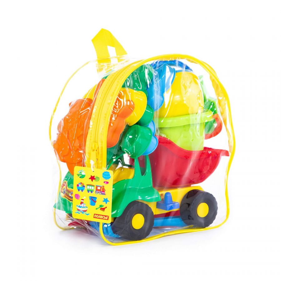 Набор №310 (в рюкзаке): "Муравей", автомобиль-самосвал + ведро-цветок среднее, лопатка №5, грабельки №5, формочки 5 шт, лейка малая №4
