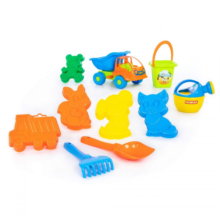Набор №310 (в рюкзаке): "Муравей", автомобиль-самосвал + ведро-цветок среднее, лопатка №5, грабельки №5, формочки 5 шт, лейка малая №4