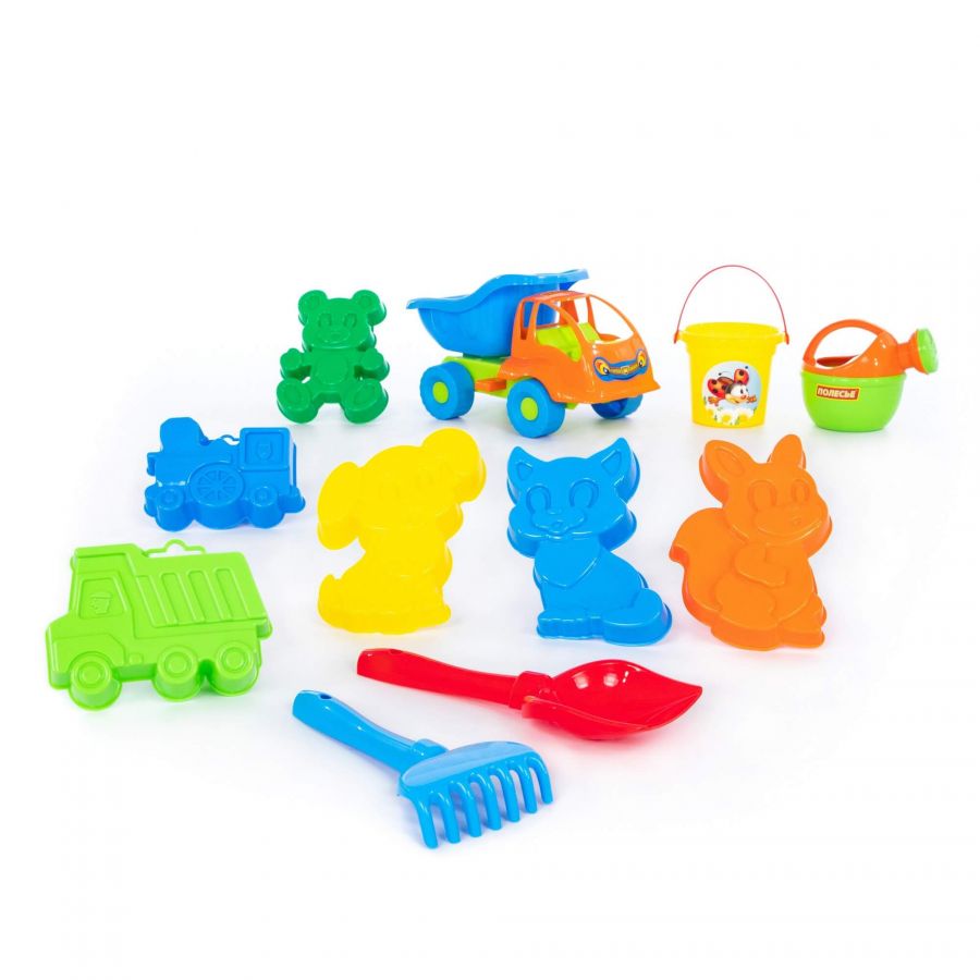 Набор №301 (в рюкзаке): "Муравей", автомобиль-самосвал + ведро малое, лопатка №5, грабельки №5, формочки 6 шт, лейка малая №4