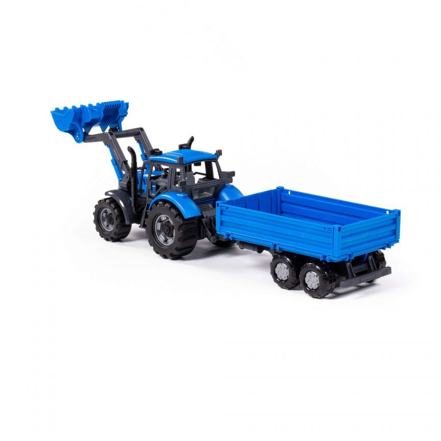Трактор "Прогресс" с бортовым прицепом и ковшом инерционный (синий) (в коробке)