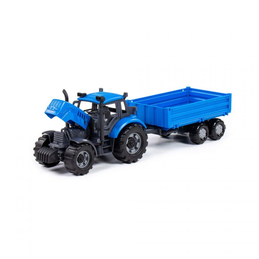 Трактор "Прогресс" с бортовым прицепом инерционный (синий) (в коробке)