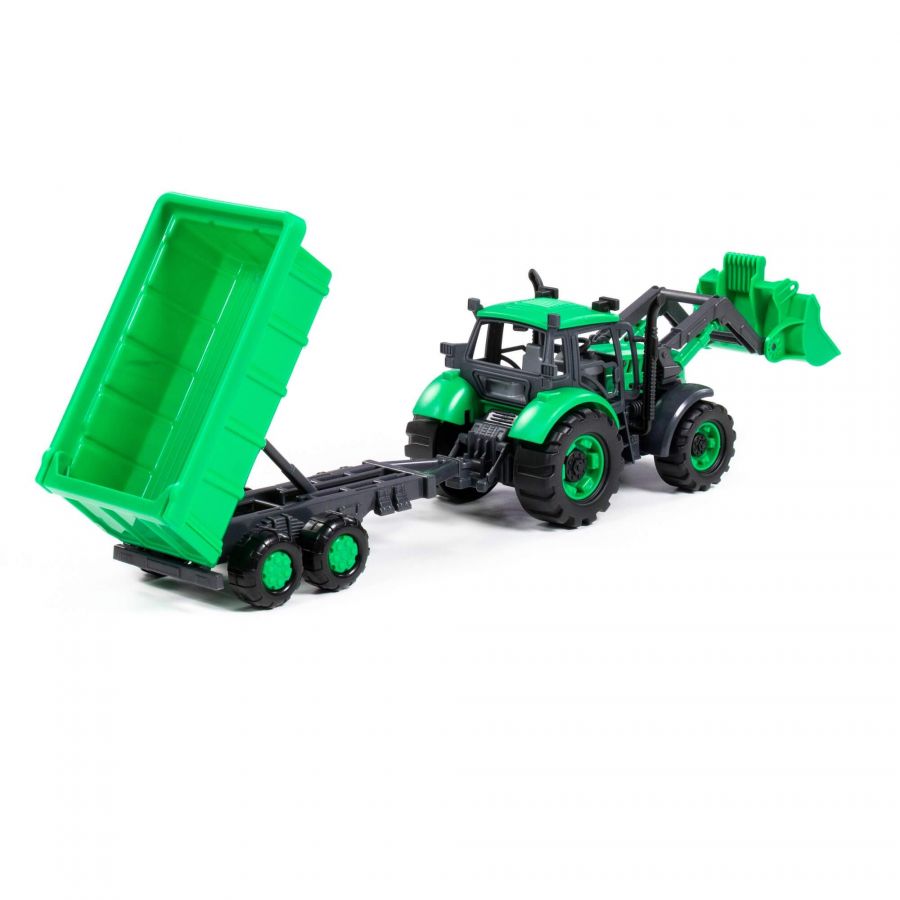 Трактор "Прогресс" с прицепом и ковшом инерционный (зелёный) (в лотке)