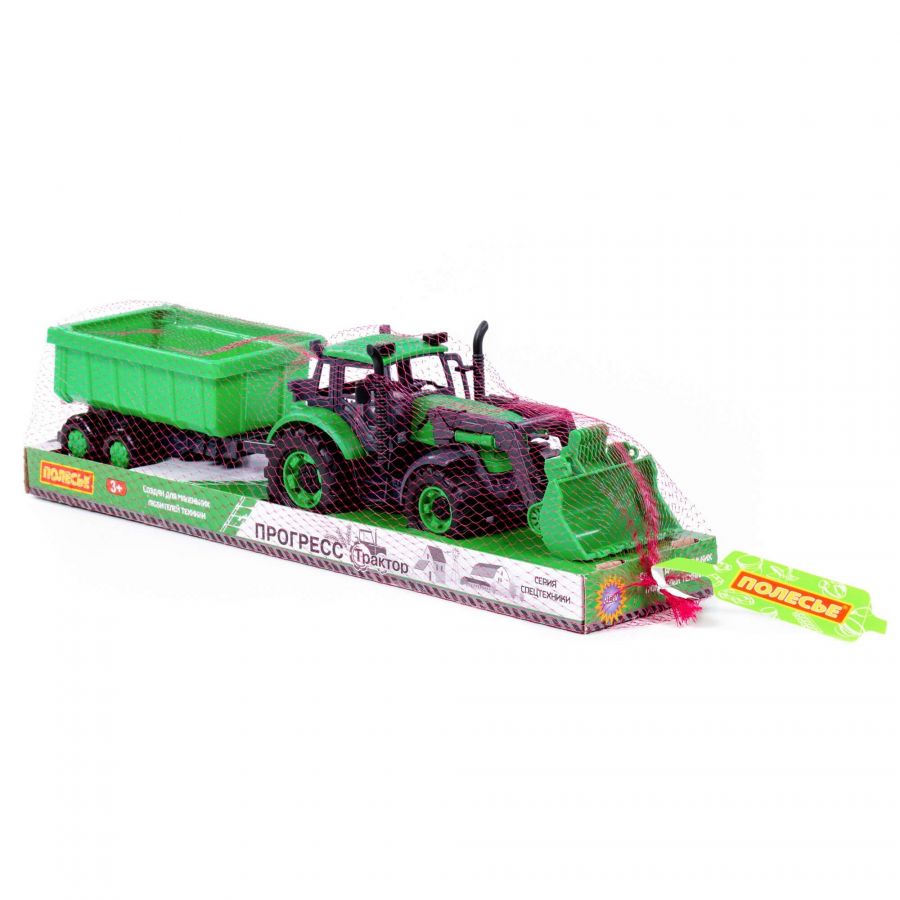 Трактор "Прогресс" с прицепом и ковшом инерционный (зелёный) (в лотке)