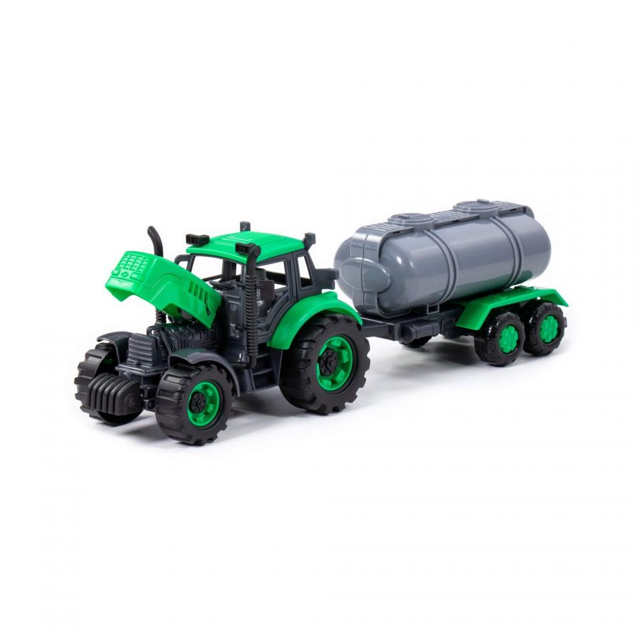 Трактор "Прогресс" с прицепом-цистерной инерционный (зелёный) (в лотке)