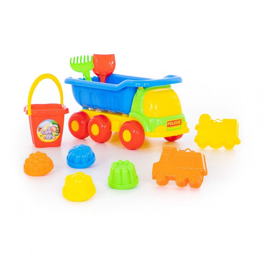 Набор №128: "Универсал", автомобиль-самосвал + ведро-цветок среднее, лопатка №5, грабельки №5, формочки (самосвал + паровоз), 4 формочки
