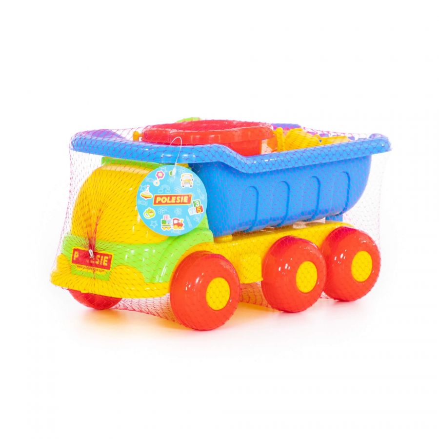 Набор №128: "Универсал", автомобиль-самосвал + ведро-цветок среднее, лопатка №5, грабельки №5, формочки (самосвал + паровоз), 4 формочки