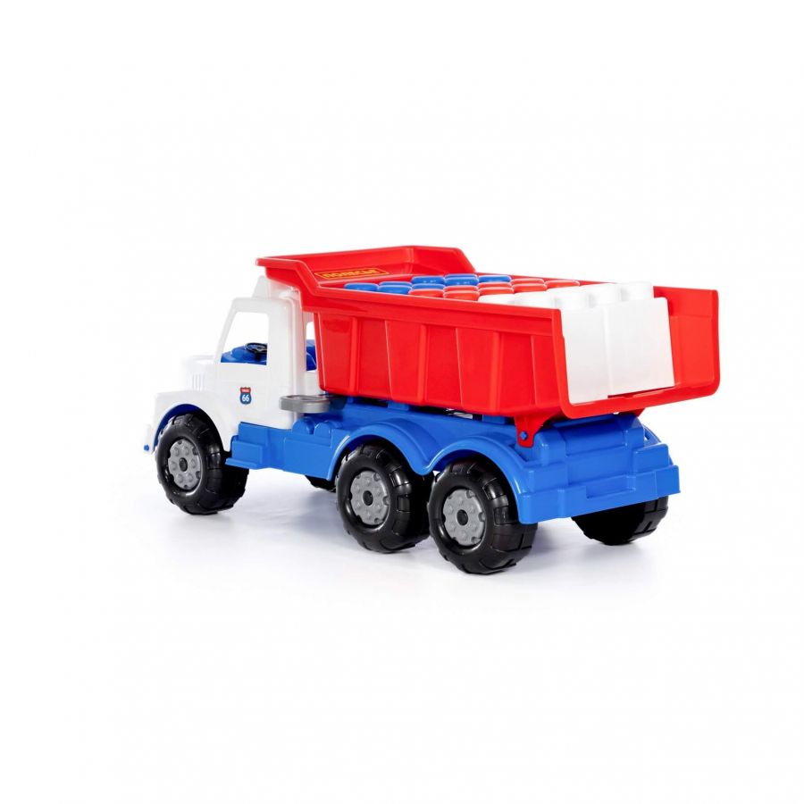 "Буран" №3, автомобиль-самосвал (бело-синий) + конструктор строительный "XXL", 5 элементов (в пакете)