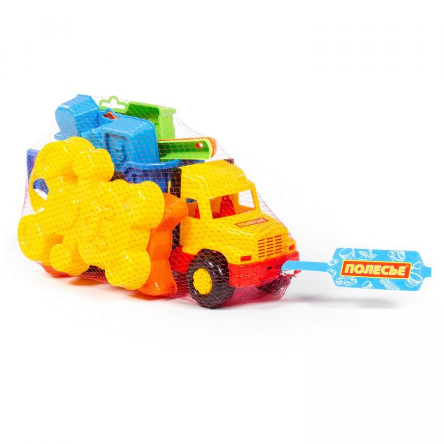 Набор №105: "Фаворит", автомобиль-самосвал + ситечко-цветок, совок №2, грабельки №2, формочки (самосвал + паровоз + котёнок + медведь)