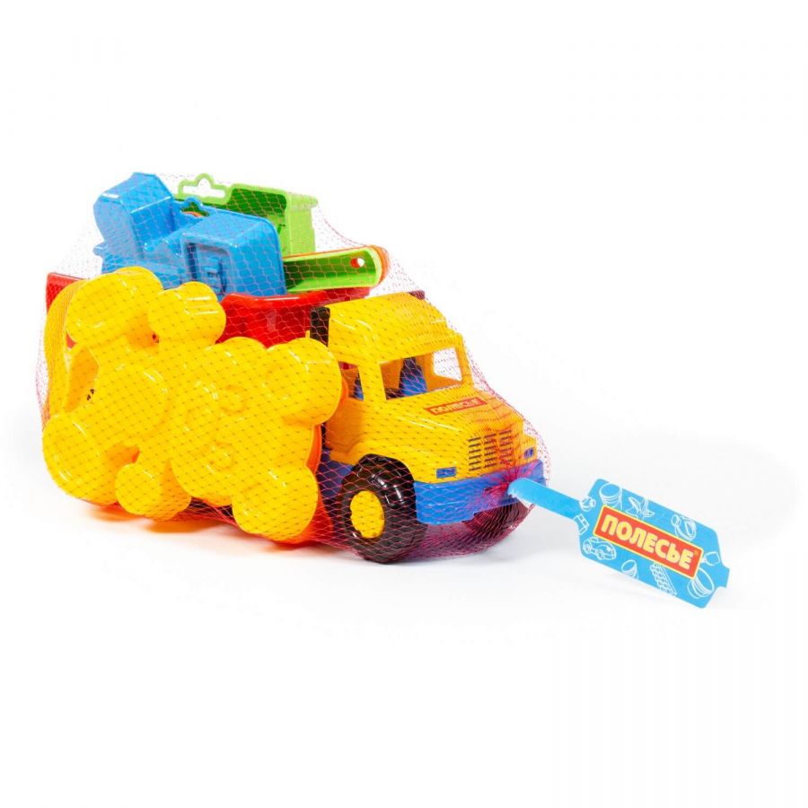 Набор №105: "Фаворит", автомобиль-самосвал + ситечко-цветок, совок №2, грабельки №2, формочки (самосвал + паровоз + котёнок + медведь)