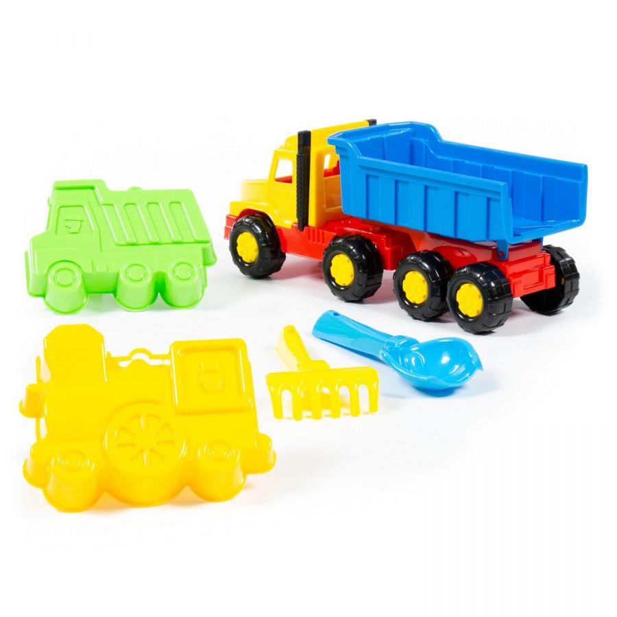 Набор №68: "Фаворит", автомобиль-самосвал + совок №2, грабельки №2, формочки (самосвал + паровоз)