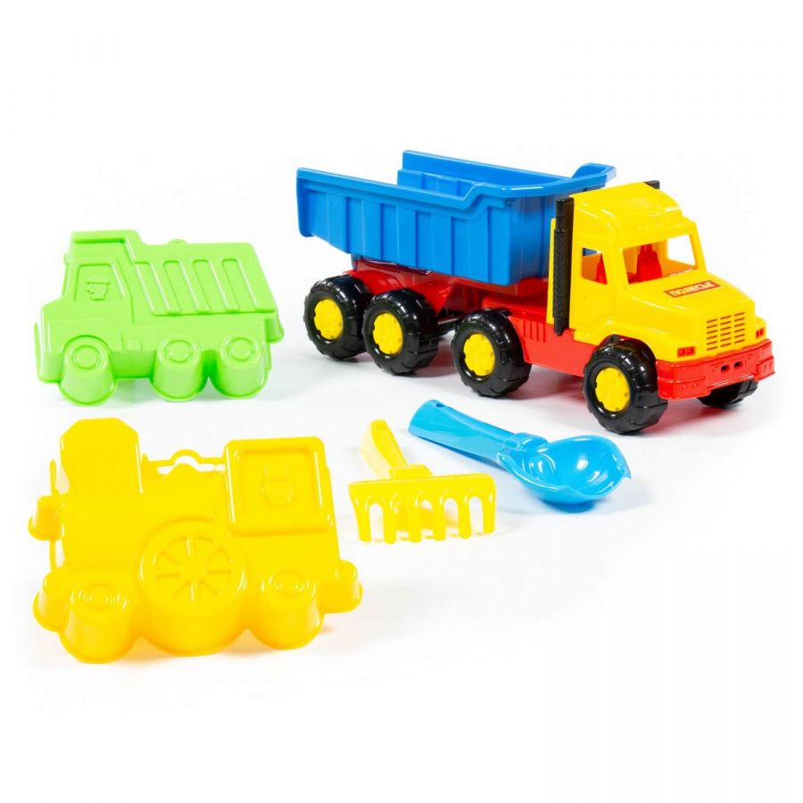 Набор №68: "Фаворит", автомобиль-самосвал + совок №2, грабельки №2, формочки (самосвал + паровоз)
