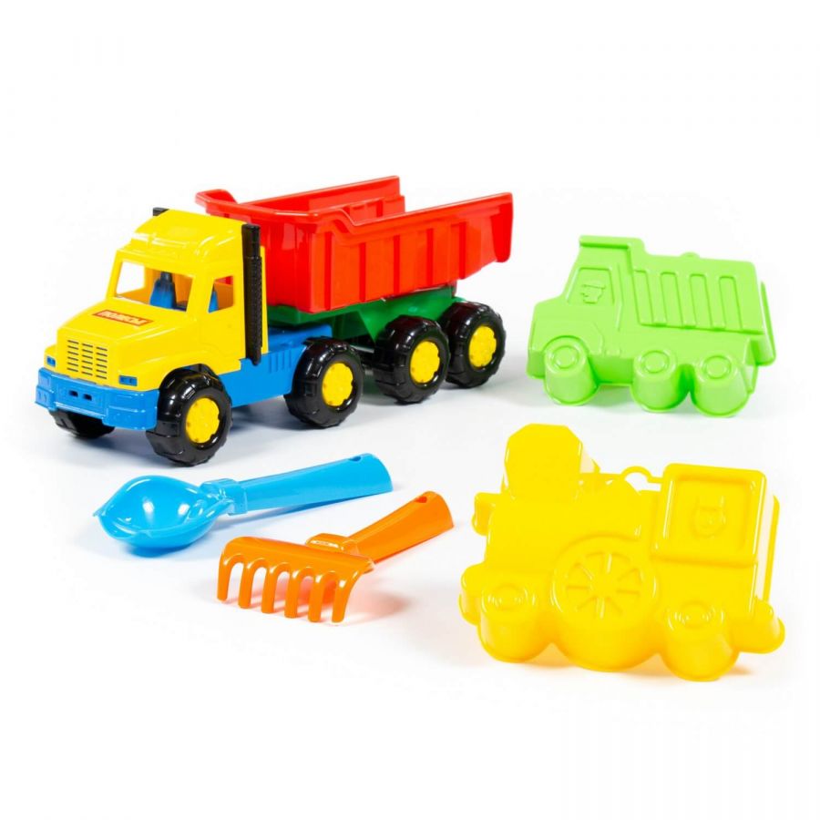 Набор №68: "Фаворит", автомобиль-самосвал + совок №2, грабельки №2, формочки (самосвал + паровоз)