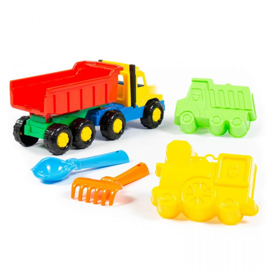 Набор №68: "Фаворит", автомобиль-самосвал + совок №2, грабельки №2, формочки (самосвал + паровоз)
