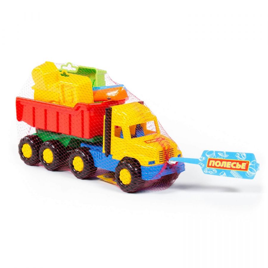 Набор №68: "Фаворит", автомобиль-самосвал + совок №2, грабельки №2, формочки (самосвал + паровоз)