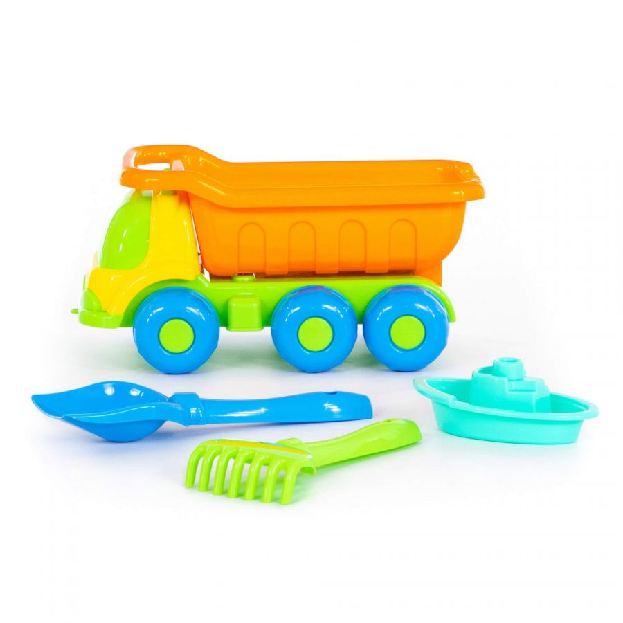 Набор №267: "Кеша", автомобиль-самосвал + лопатка №5, грабельки №5, кораблик "Юнга"