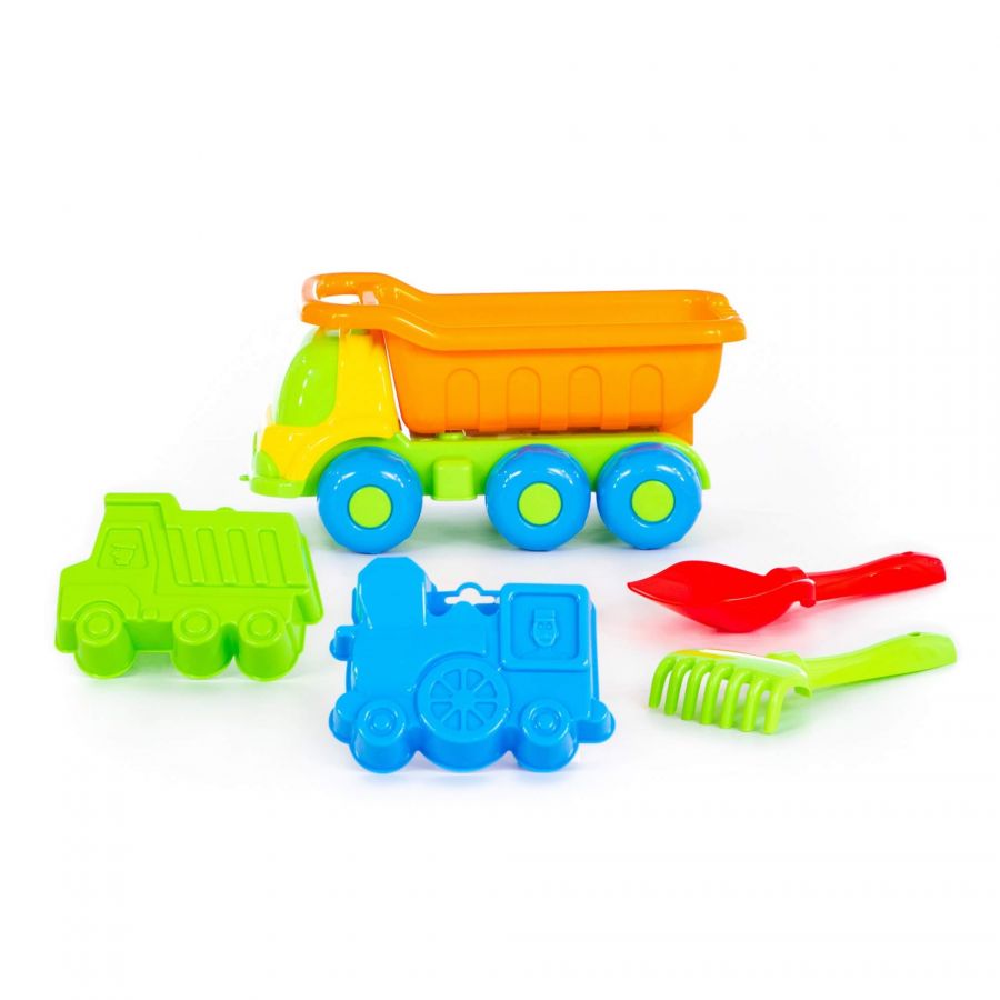 Набор №269: "Кеша", автомобиль-самосвал + лопатка №5, грабельки №5, формочки (самосвал + паровоз)