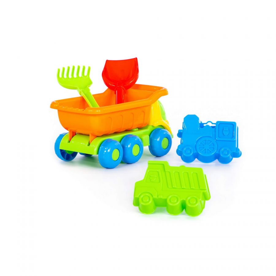 Набор №269: "Кеша", автомобиль-самосвал + лопатка №5, грабельки №5, формочки (самосвал + паровоз)