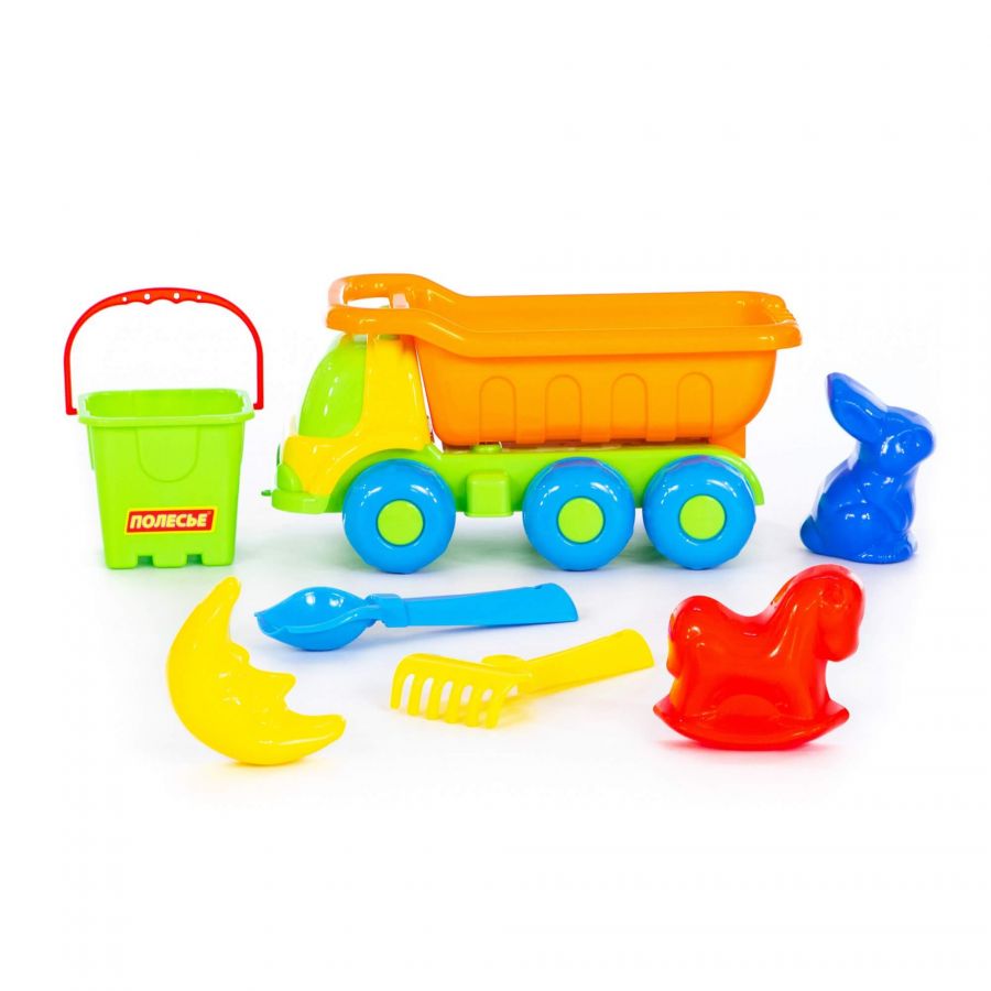 Набор №270: "Кеша", автомобиль-самосвал + ведро-крепость малое, совок №2, грабельки №2, формочки (заяц + лошадка + месяц)