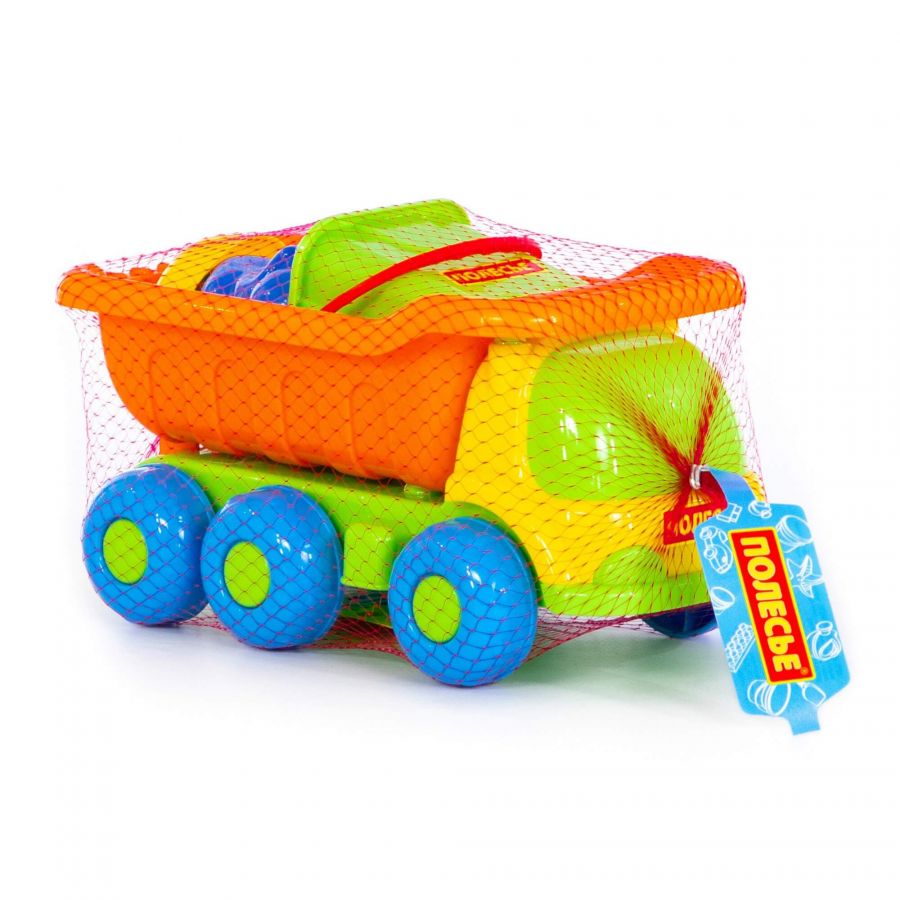 Набор №270: "Кеша", автомобиль-самосвал + ведро-крепость малое, совок №2, грабельки №2, формочки (заяц + лошадка + месяц)