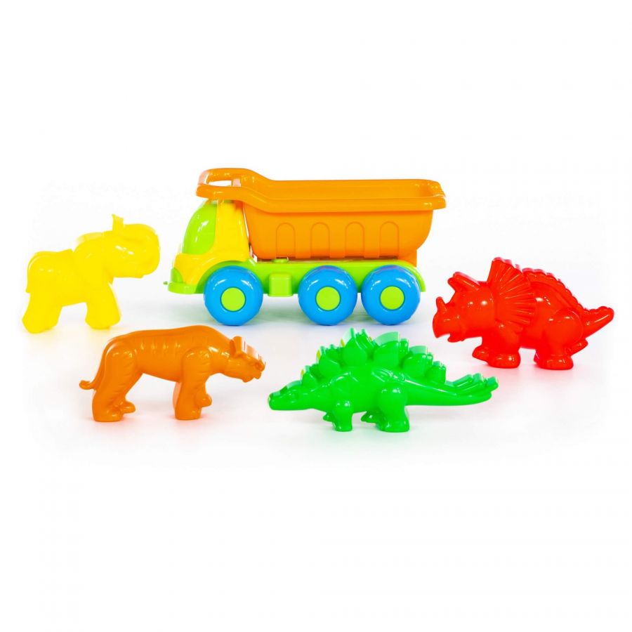 Набор №572: "Кеша", автомобиль-самосвал + формочки (тигр + мамонт + динозавр №1 + динозавр №2)