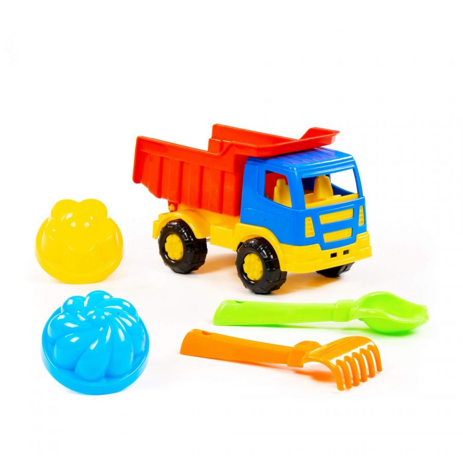Набор №189: "Салют", автомобиль-самосвал + совок №2, грабельки №2, 2 формочки