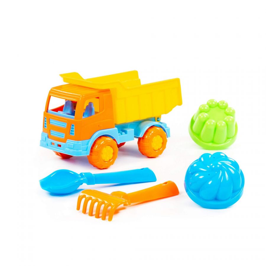 Набор №189: "Салют", автомобиль-самосвал + совок №2, грабельки №2, 2 формочки