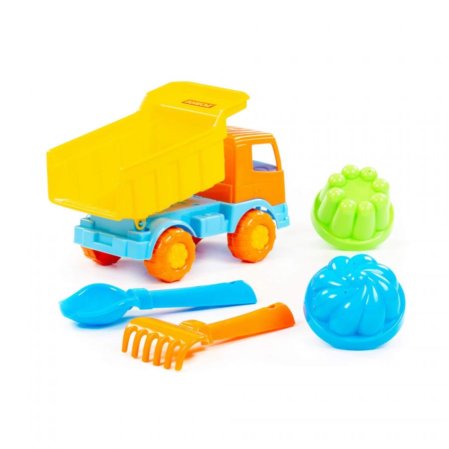 Набор №189: "Салют", автомобиль-самосвал + совок №2, грабельки №2, 2 формочки