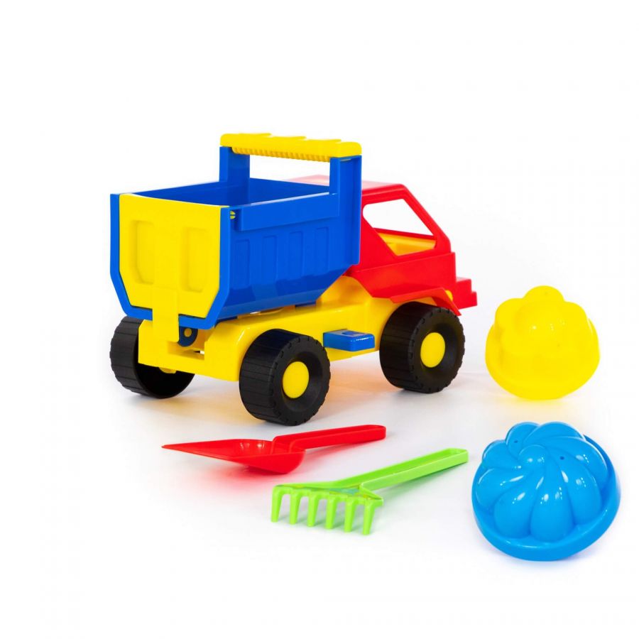 Набор №12: "Кузя", автомобиль-самосвал + лопатка, грабельки, 2 формочки