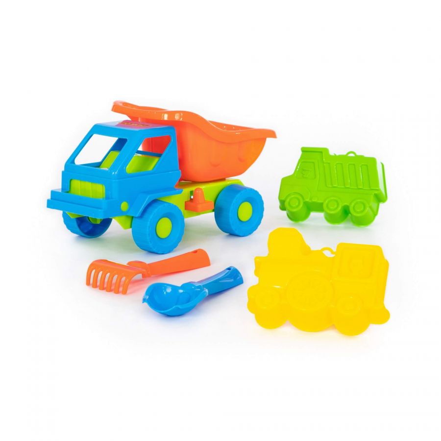 Набор №41: "Кузя-2", автомобиль-самосвал + совок №2, грабельки №2, формочки (самосвал + паровоз)