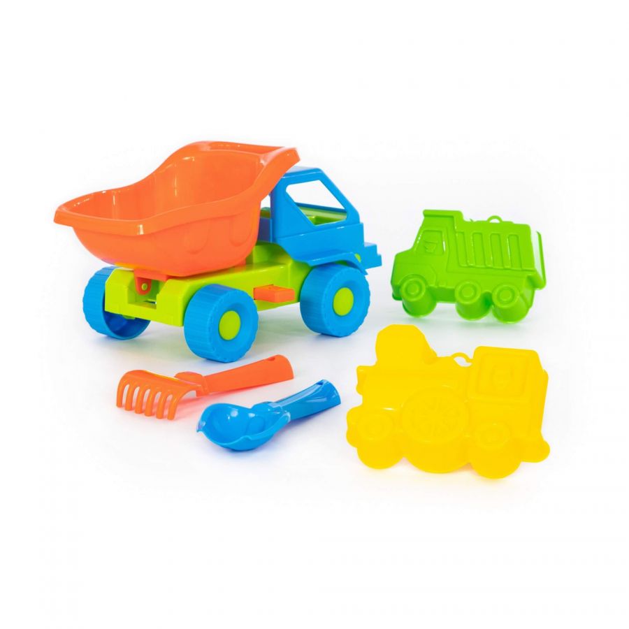 Набор №41: "Кузя-2", автомобиль-самосвал + совок №2, грабельки №2, формочки (самосвал + паровоз)