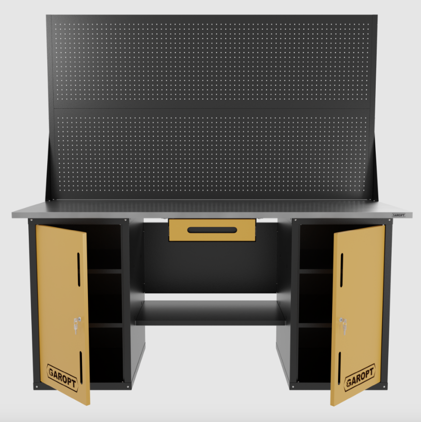 Верстак двухтумбовыи с двумя экранами и ящиком, желтый 1800*700 Garopt, GT1800DDY1PP2.yell
