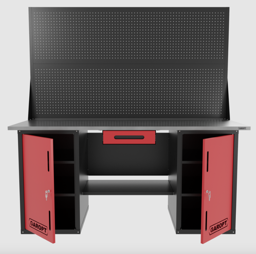 Верстак двухтумбовыи с двумя экранами и ящиком, красный 1800*700 Garopt, GT1800DDY1PP2.red