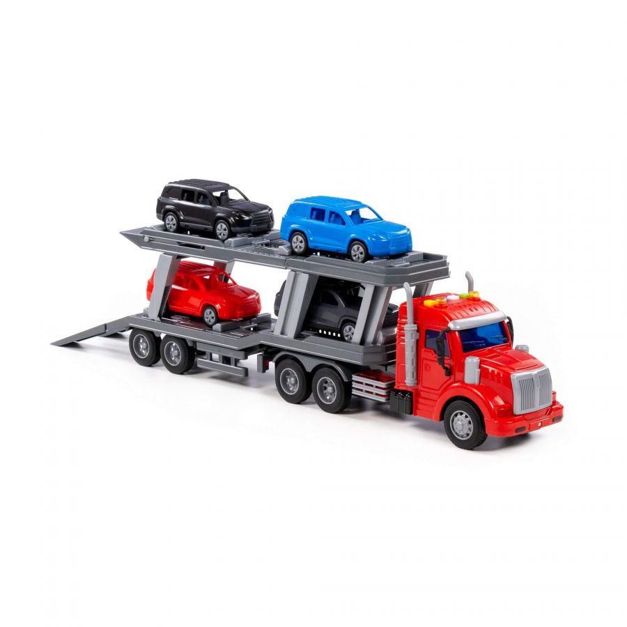 "Профи", автомобиль-тягач с полуприцепом-автовозом инерционный (со светом и звуком) + 4 автомобиль (в коробке)