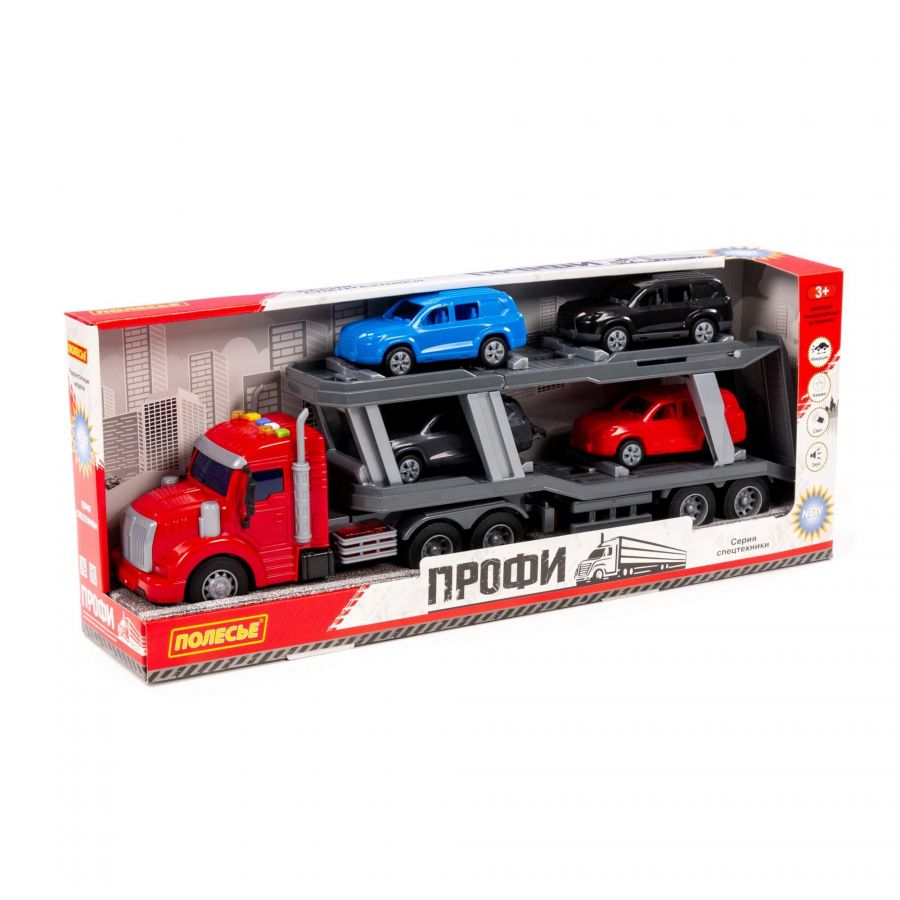 "Профи", автомобиль-тягач с полуприцепом-автовозом инерционный (со светом и звуком) + 4 автомобиль (в коробке)
