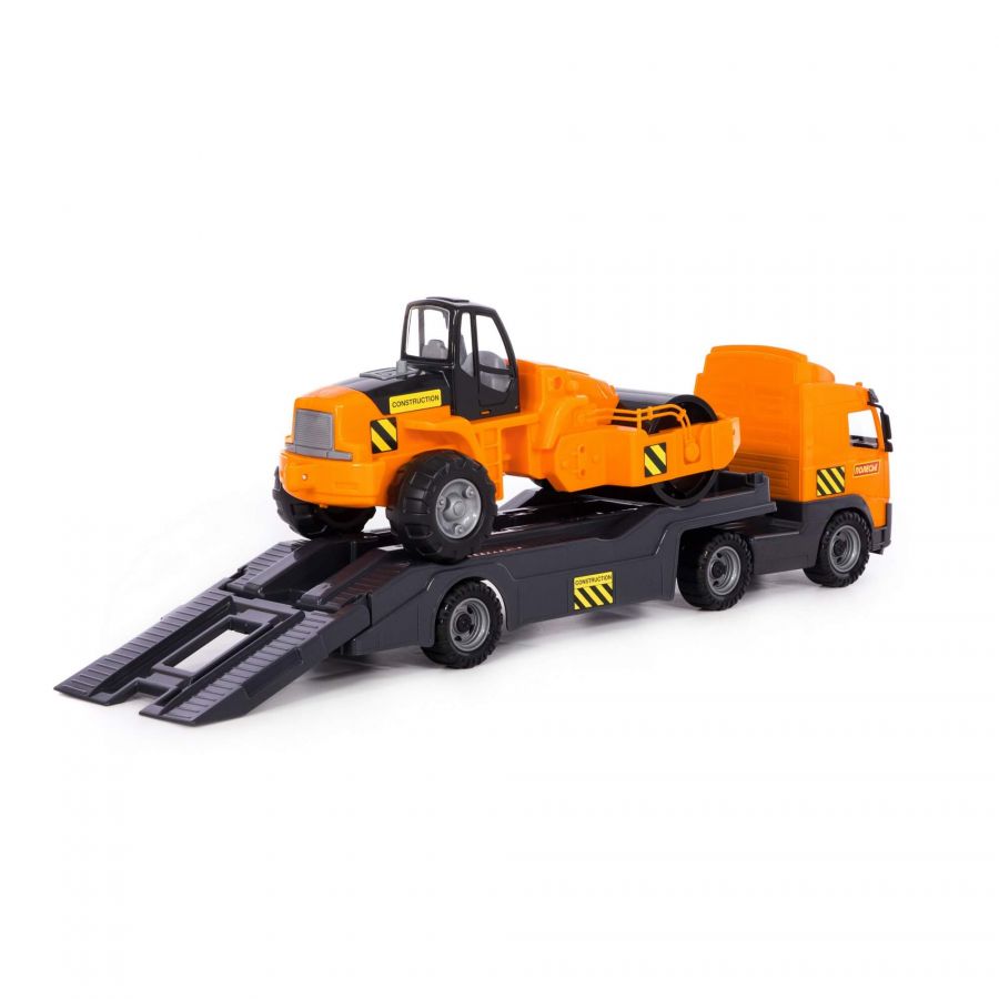 Автомобиль-трейлер + дорожный каток (в сеточке)