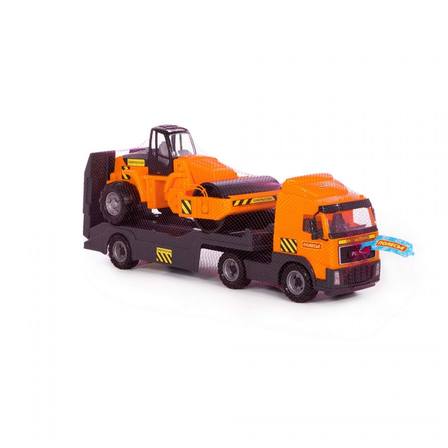 Автомобиль-трейлер + дорожный каток (в сеточке)