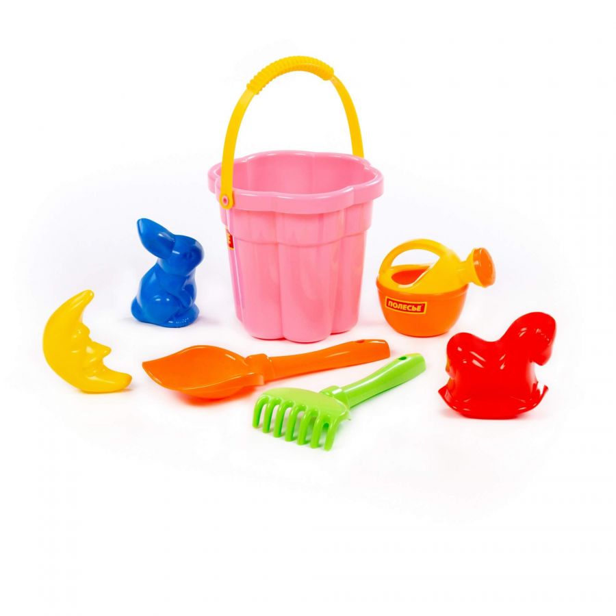 Набор №317: ведро-цветок среднее №3, лопатка №5, грабельки №5, формочки (заяц + лошадка + месяц), лейка малая №3