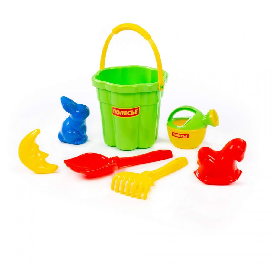 Набор №317: ведро-цветок среднее №3, лопатка №5, грабельки №5, формочки (заяц + лошадка + месяц), лейка малая №3