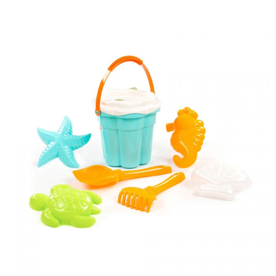 Набор №648 сафари: ведро-цветок среднее №3, ситечко-цветок среднее №3, лопатка №5, грабельки №5, формочки (ракушка №2 + морской конёк + морская звезда