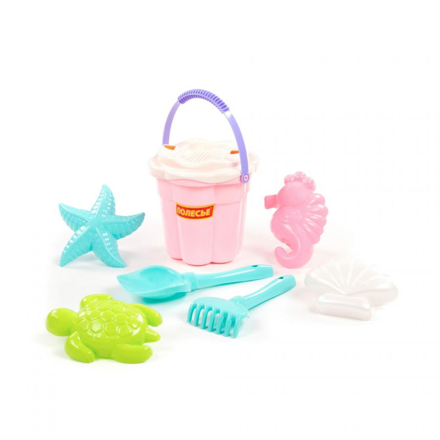 Набор №648 сафари: ведро-цветок среднее №3, ситечко-цветок среднее №3, лопатка №5, грабельки №5, формочки (ракушка №2 + морской конёк + морская звезда