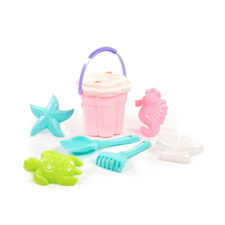 Набор №648 сафари: ведро-цветок среднее №3, ситечко-цветок среднее №3, лопатка №5, грабельки №5, формочки (ракушка №2 + морской конёк + морская звезда