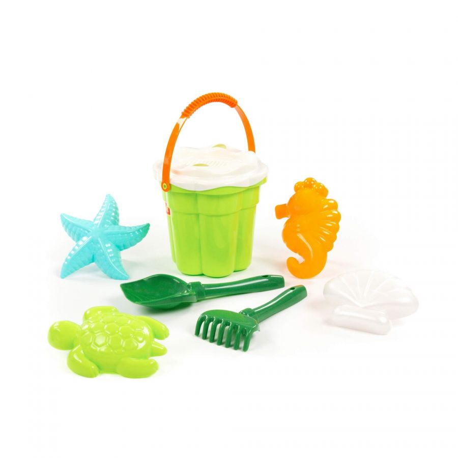 Набор №648 сафари: ведро-цветок среднее №3, ситечко-цветок среднее №3, лопатка №5, грабельки №5, формочки (ракушка №2 + морской конёк + морская звезда