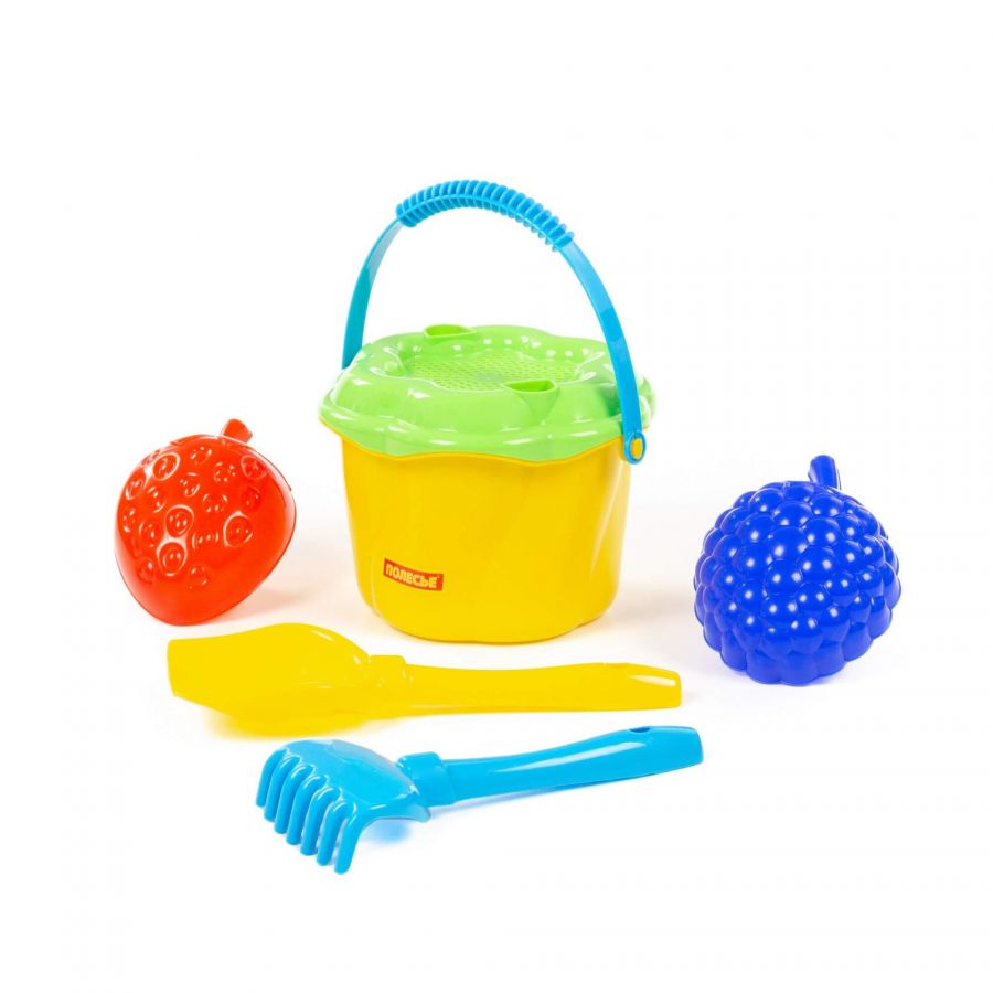 Набор №662: ведро-цветок среднее №4, сито-цветок среднее №4, лопатка №5, грабельки №5, формочки (клубника + малина)