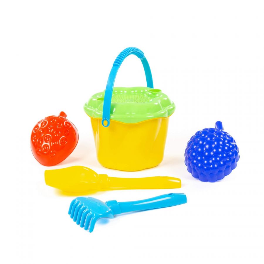 Набор №662: ведро-цветок среднее №4, сито-цветок среднее №4, лопатка №5, грабельки №5, формочки (клубника + малина)