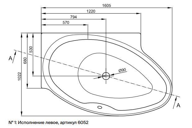 Асимметричная угловая ванна Bette Pool I 6053 160х102 схема 2